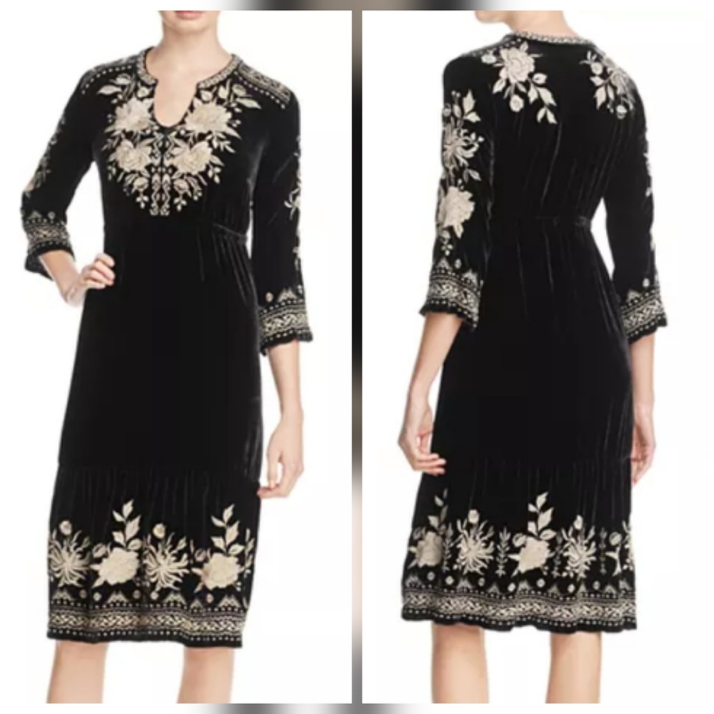 Johnny Was Black and Cream Embroidered Dress